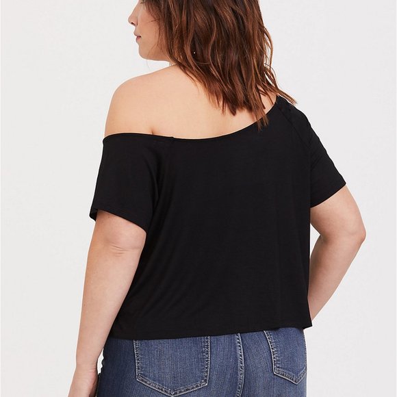 TORRID SUPER SOFT BLACK OFF SHOULDER CROP TEE - Picture 2 of 4
